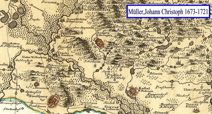 Vyobrazení Podivína na Müllerově mapě Moravy